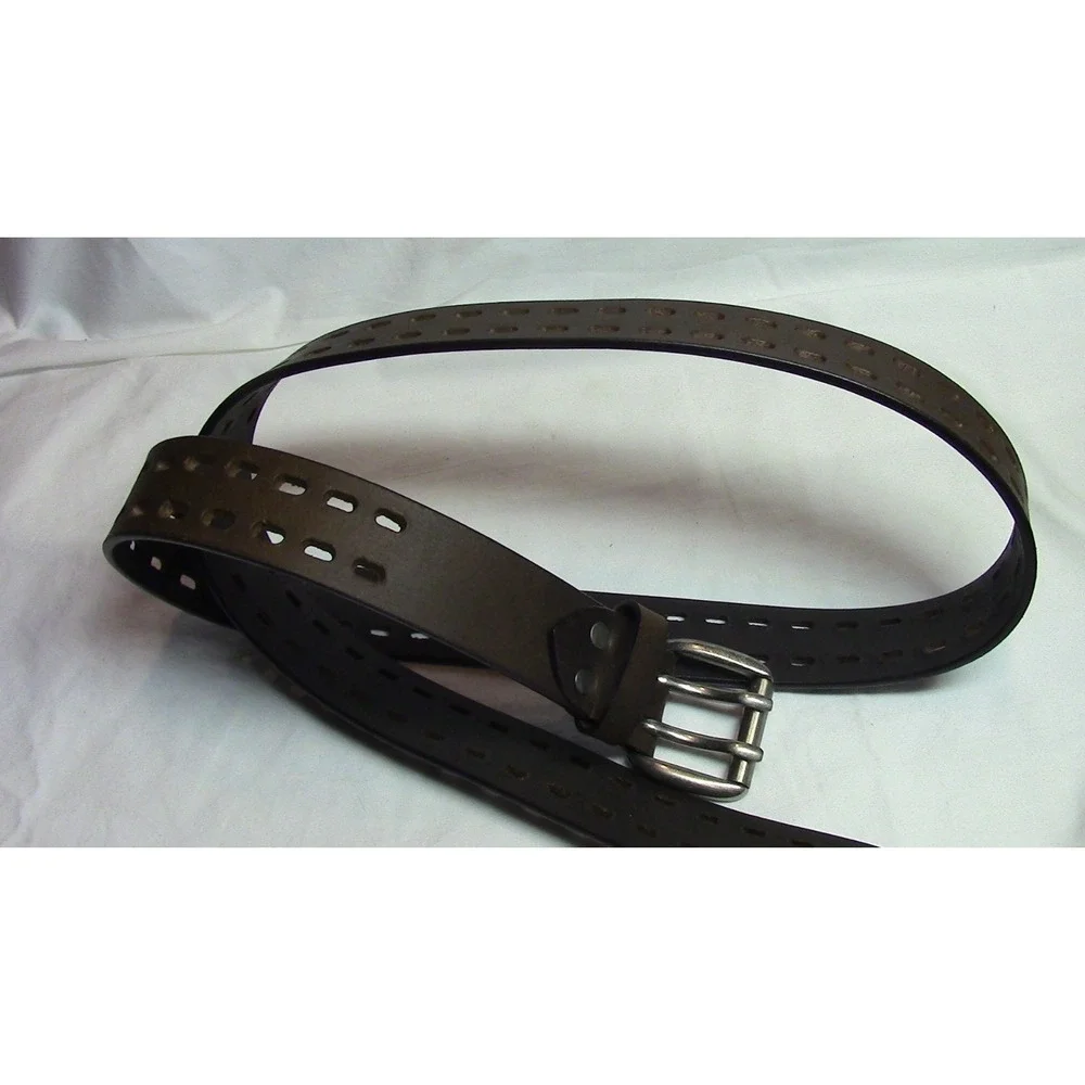 Men's Genuine Leather Jeans Belt Brown 2-Hole Heavy Duty Silver Buckle 44/46 - Picture 3 of 3